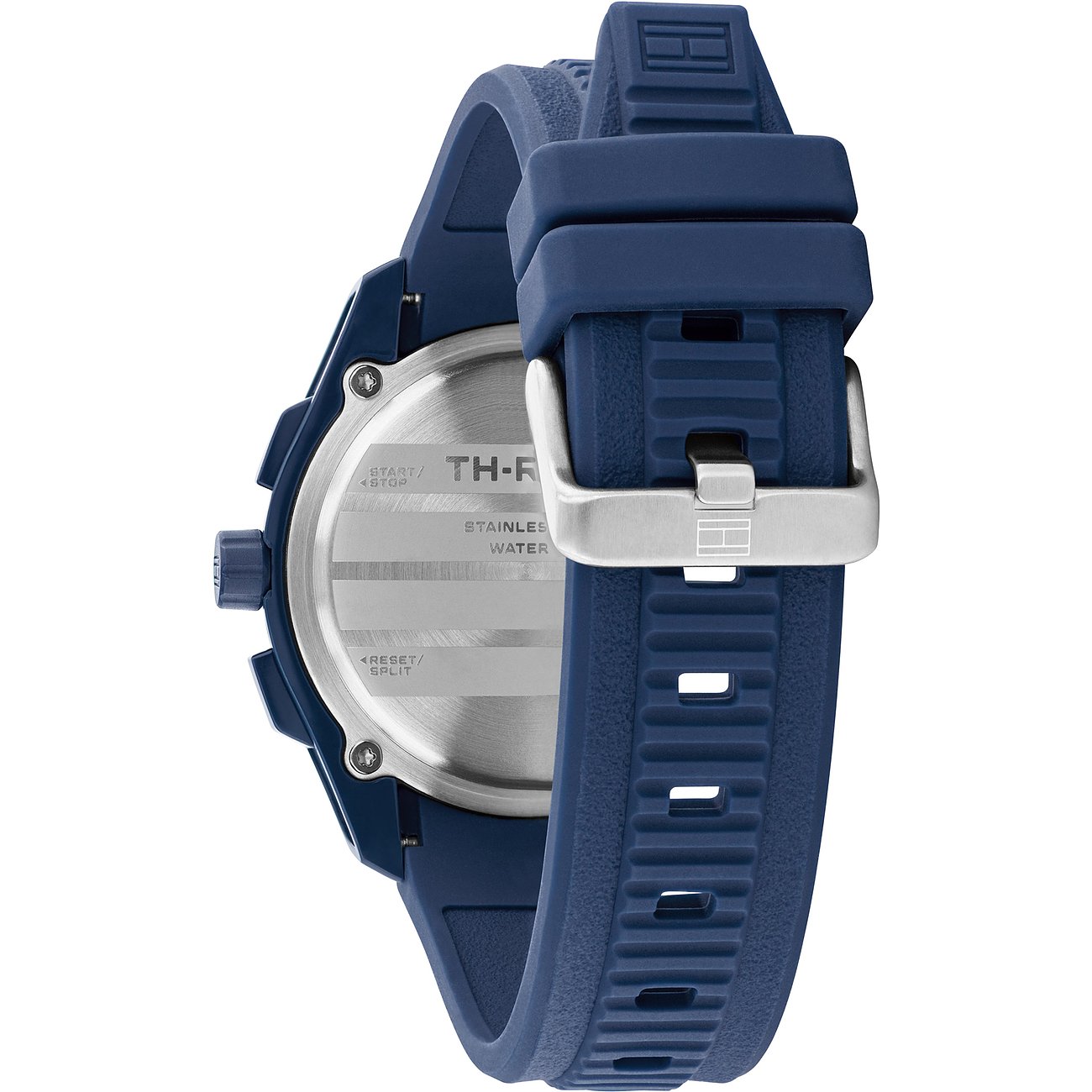 Rückansicht der Tommy Hilfiger Herrenuhr aus blauem Aluminium und Edelstahl mit blauem Silikonarmband.