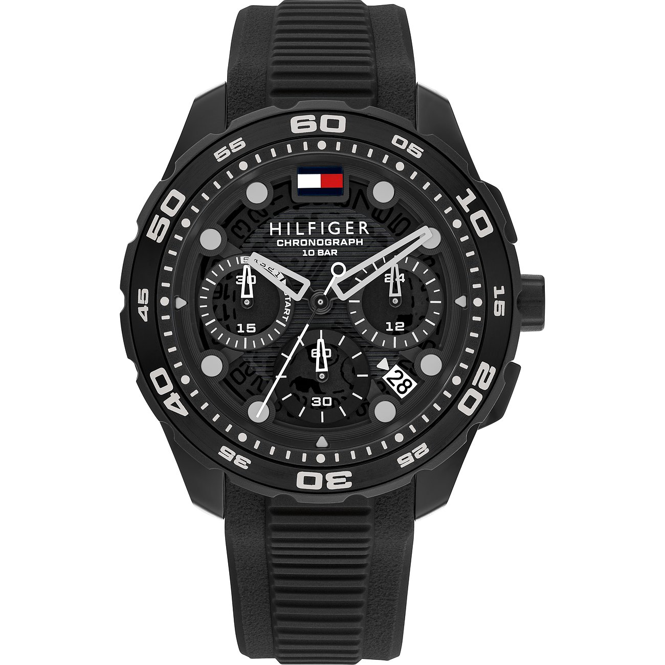 Tommy Hilfiger Herrenuhr: Chronograph aus schwarzem Edelstahl und Aluminium mit geriffeltem schwarzem Armband.