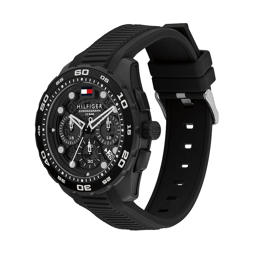 Tommy Hilfiger Herrenuhr mit schwarzem Edelstahl- und Aluminiumgehäuse und strukturiertem schwarzem Armband.