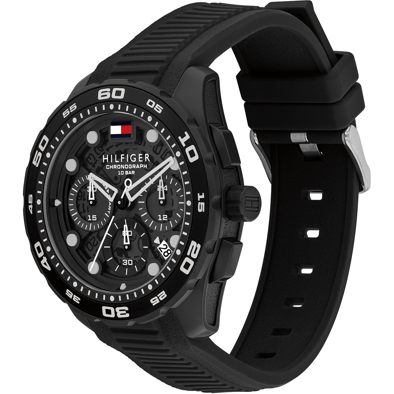Tommy Hilfiger Herrenuhr mit schwarzem Edelstahl- und Aluminiumgehäuse und strukturiertem schwarzem Armband.