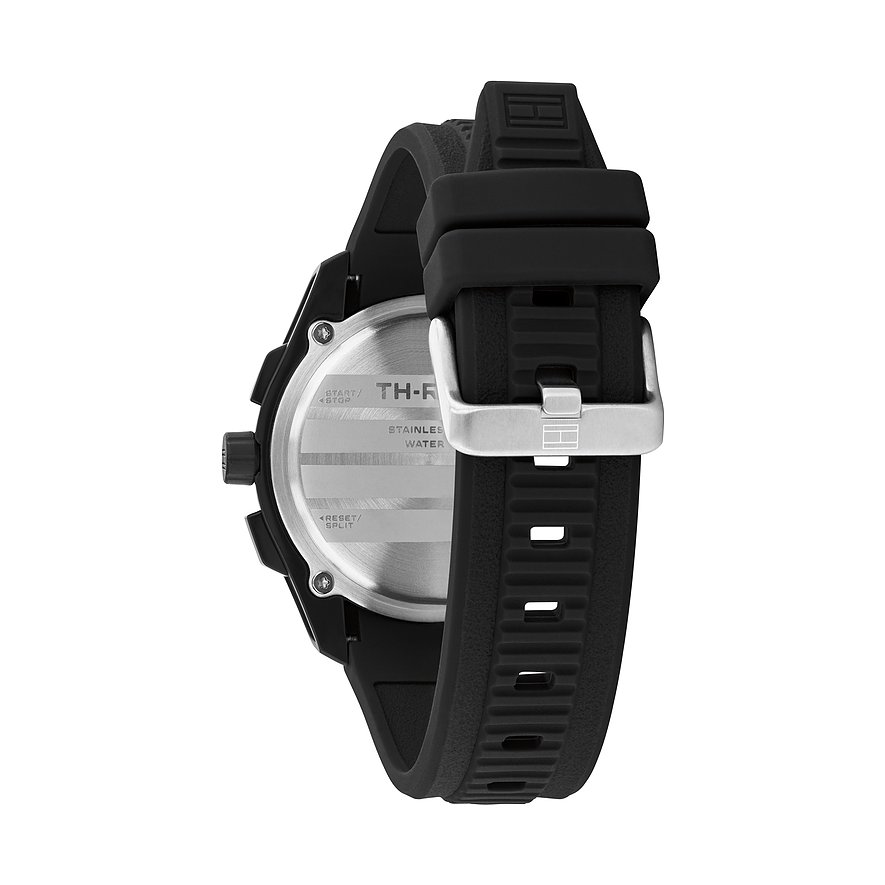 Rückansicht der Tommy Hilfiger Herrenuhr aus schwarzem Aluminium und Edelstahl mit schwarzem Silikonarmband.