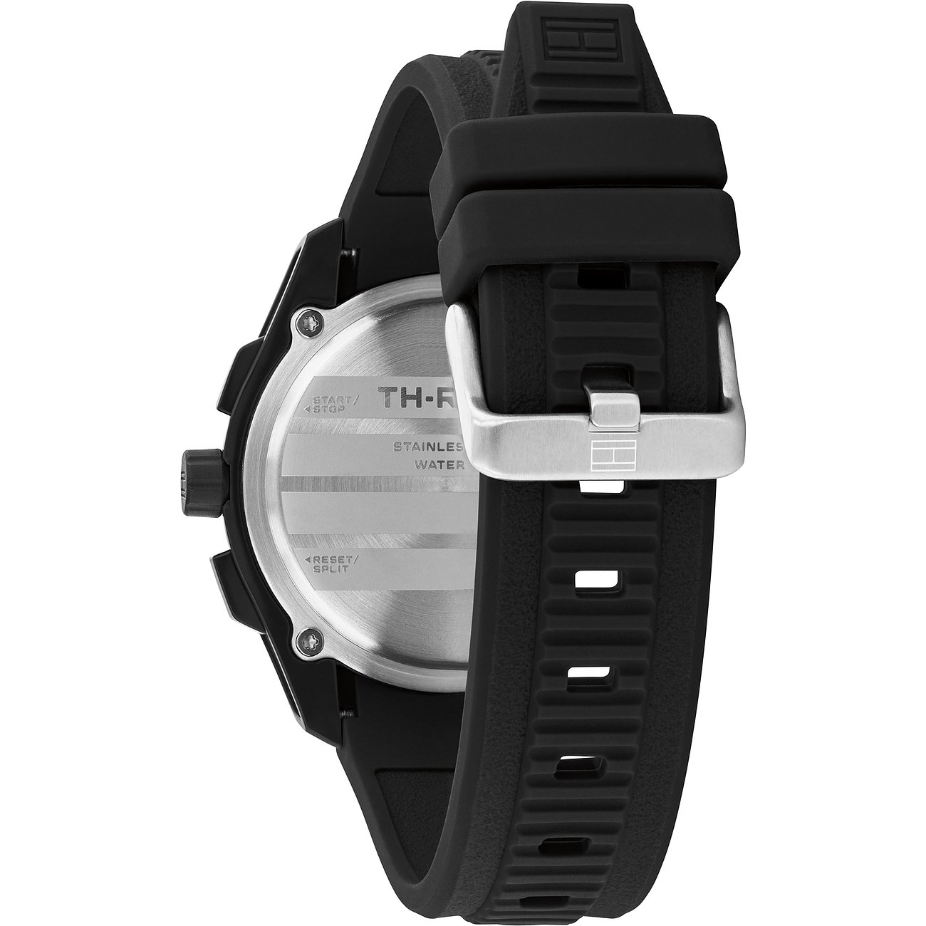 Rückansicht der Tommy Hilfiger Herrenuhr aus schwarzem Aluminium und Edelstahl mit schwarzem Silikonarmband.