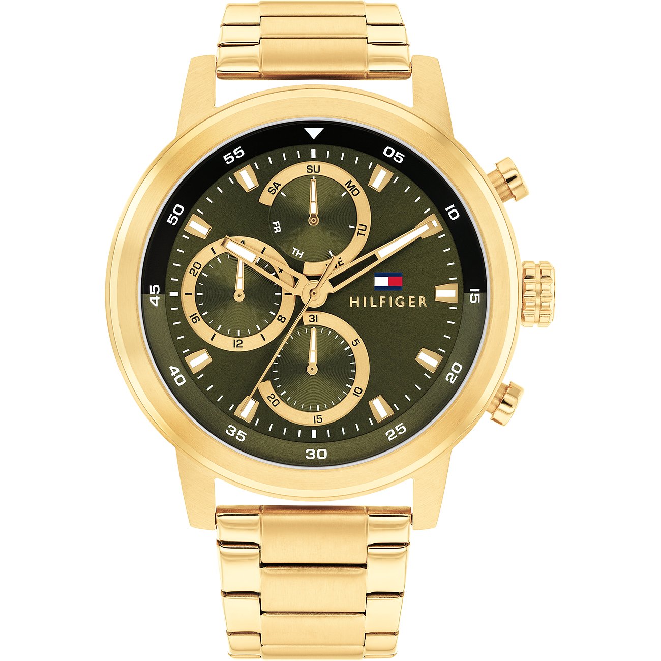 Tommy Hilfiger herenhorloge van goudkleurig edelstaal met olijfgroene wijzerplaat en drie subdials.