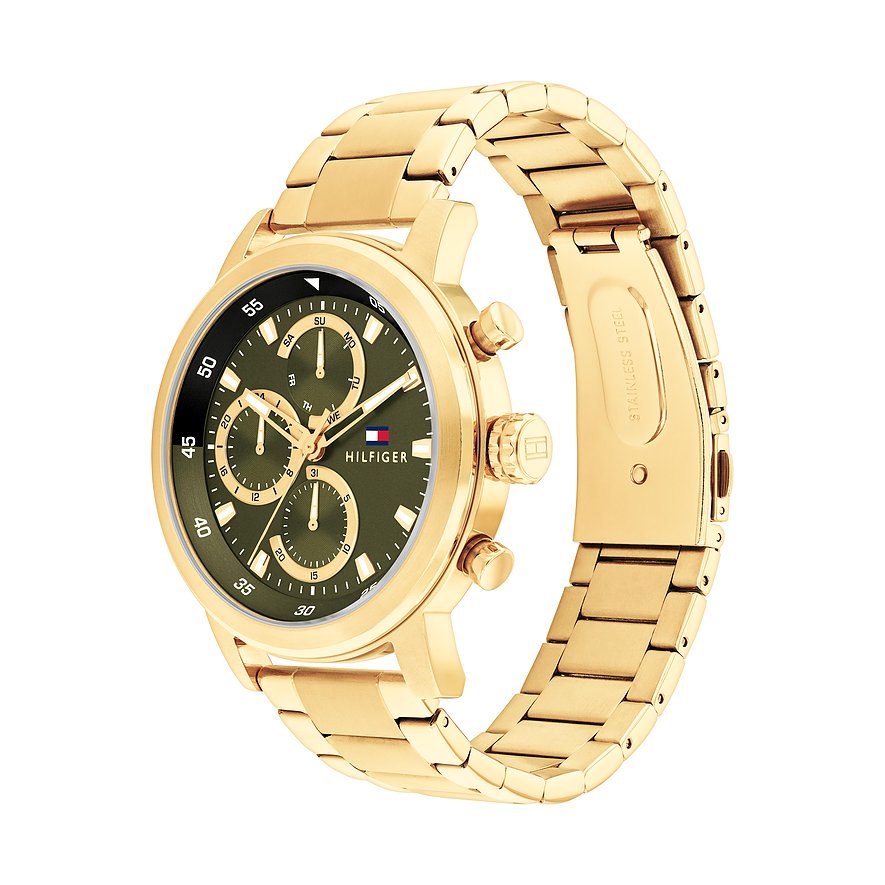 Tommy Hilfiger herenhorloge: goudkleurig RVS, donkergroene wijzerplaat met drie chronografen.