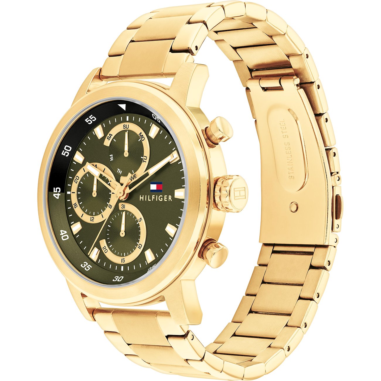 Tommy Hilfiger herenhorloge: goudkleurig RVS, donkergroene wijzerplaat met drie chronografen.
