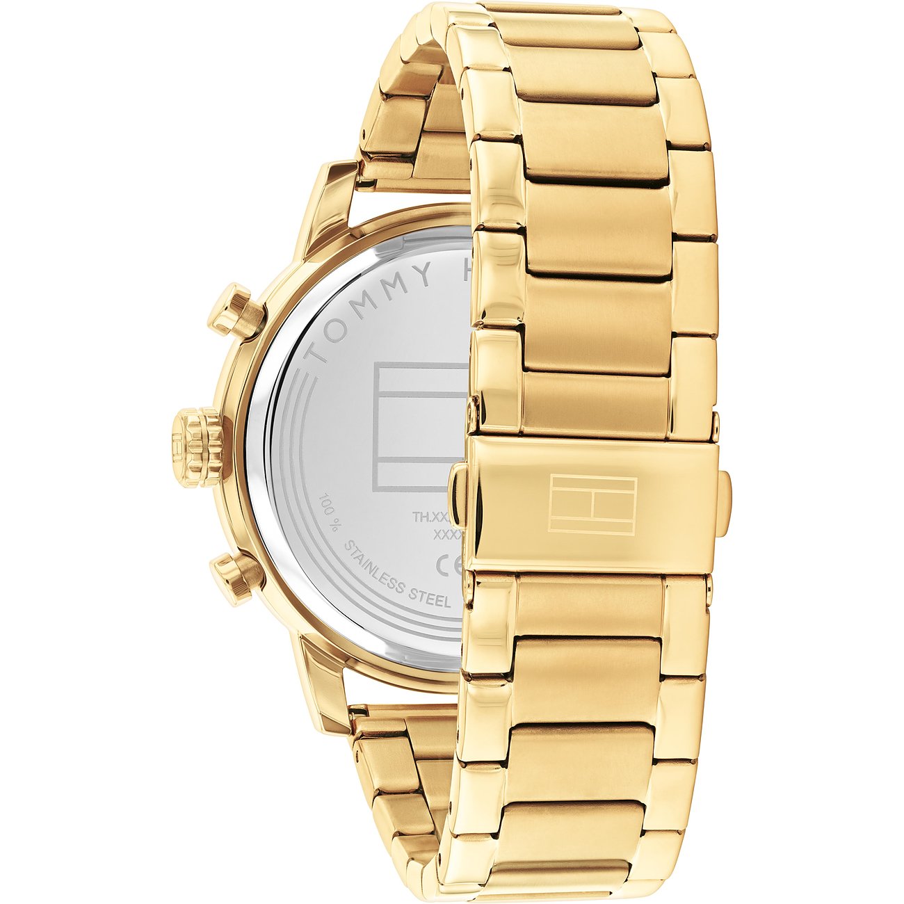 De achterkant van een goudkleurig Tommy Hilfiger herenhorloge van roestvrij staal is zichtbaar, met merkdetails op de kast.
