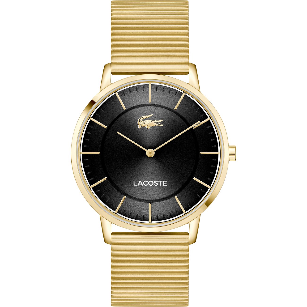 Lacoste Herrenuhr aus goldfarbenem Edelstahl. Die Uhr hat ein schwarzes Zifferblatt und ein goldfarbenes Milanaise-Armband.