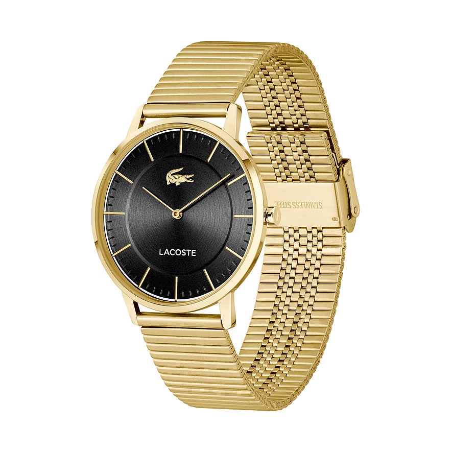 Lacoste Herrenuhr aus goldfarbenem Edelstahl mit schwarzem Zifferblatt und goldenem Mesh-Armband