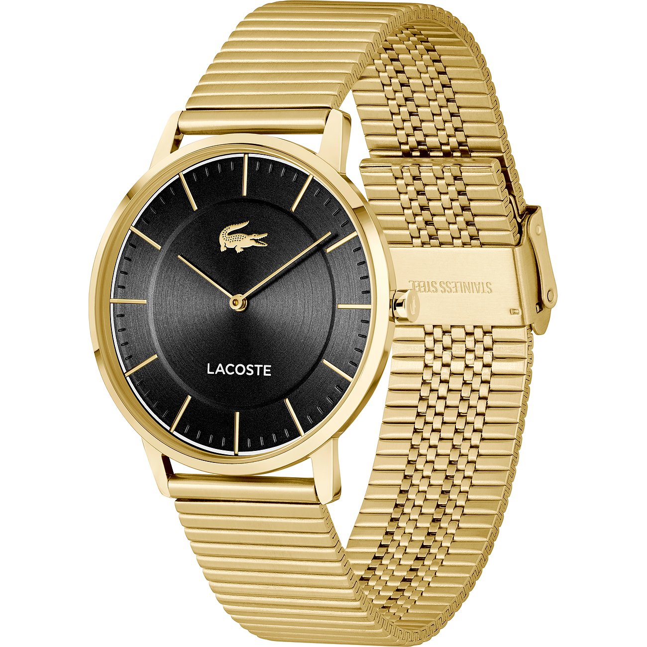 Lacoste Herrenuhr aus goldfarbenem Edelstahl mit schwarzem Zifferblatt und goldenem Mesh-Armband