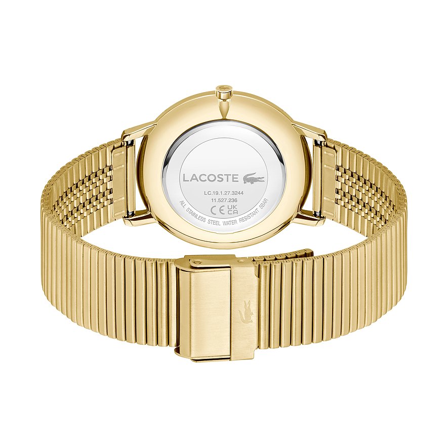 Rückansicht der Lacoste Herrenuhr aus goldfarbenem Edelstahl mit Milanese-Armband und graviertem Gehäuseboden.