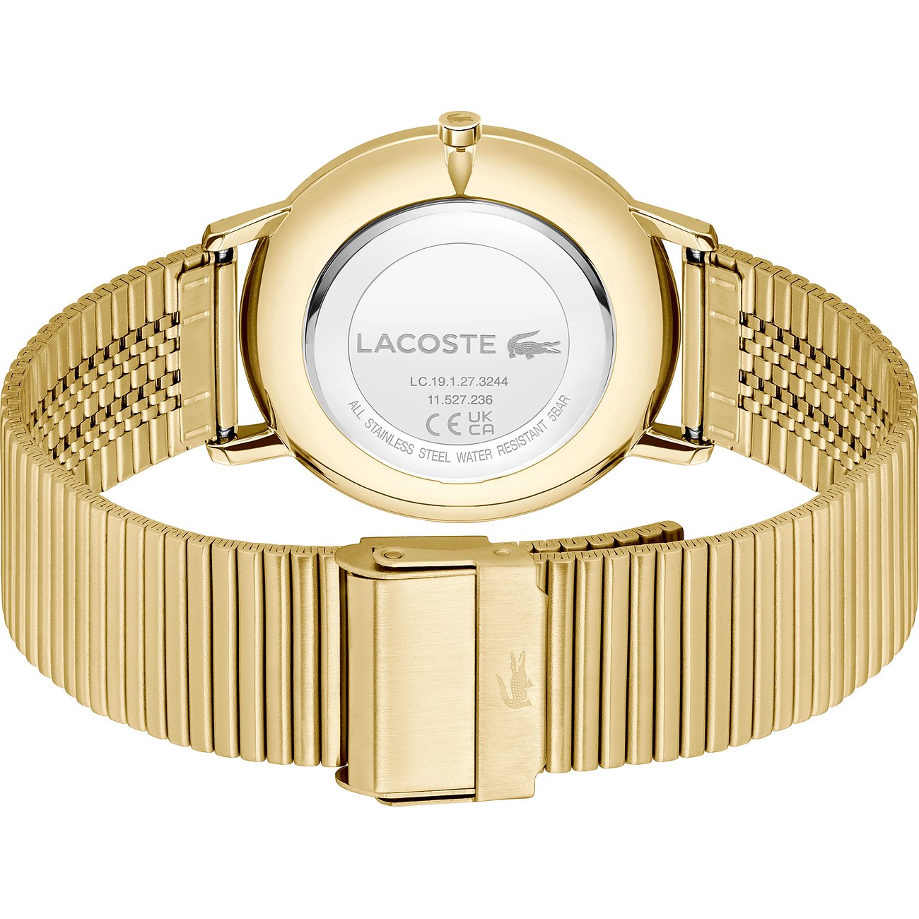 Rückansicht der Lacoste Herrenuhr aus goldfarbenem Edelstahl mit Milanese-Armband und graviertem Gehäuseboden.