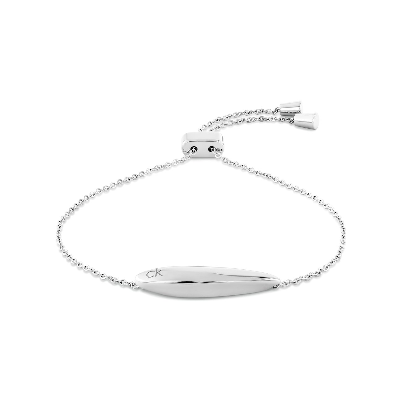 Calvin Klein Damenarmband aus Edelstahl, verstellbar mit einer ovalen Plakette, die das „ck“-Logo trägt.