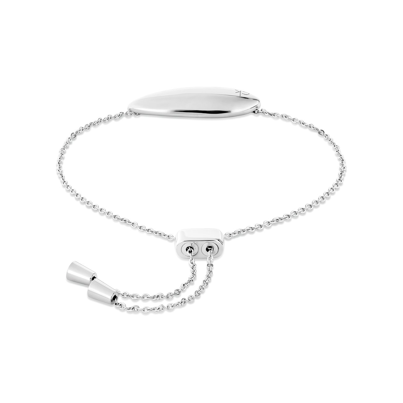 Calvin Klein Damenarmband aus Edelstahl, bestehend aus einer dünnen Kette mit einem glänzenden Plättchen.