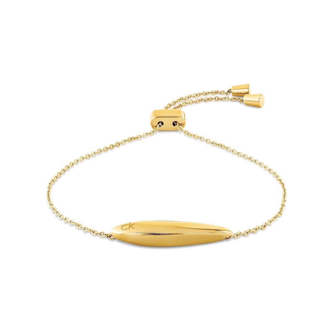 Calvin Klein Damen Armband aus glänzendem goldfarbenem Edelstahl mit einer ovalen Form in der Mitte und „ck“ Logo.