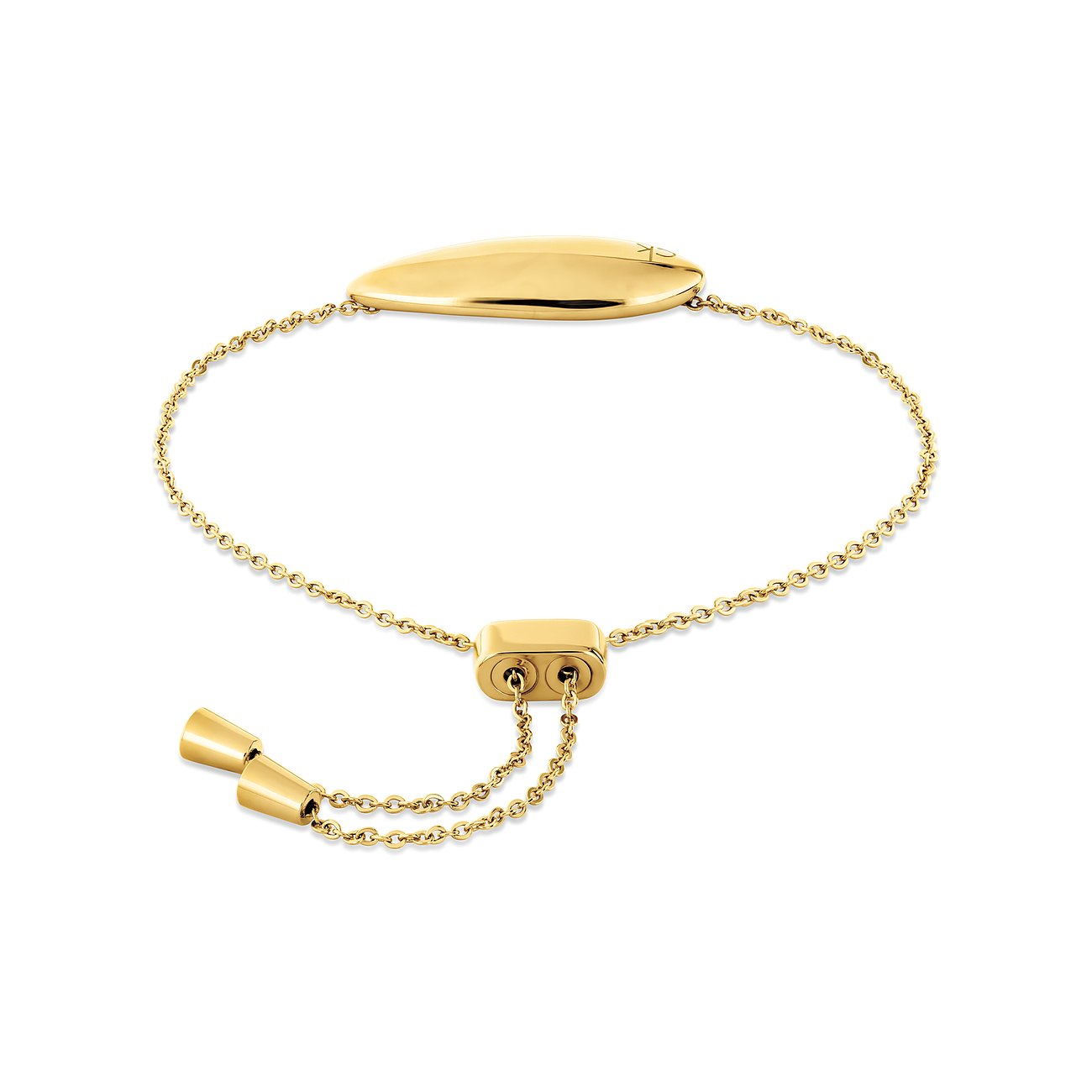 Ein Calvin Klein Armschmuck aus gelb vergoldetem Edelstahl, mit einem länglichen Anhänger und verstellbarem Kettenverschluss.