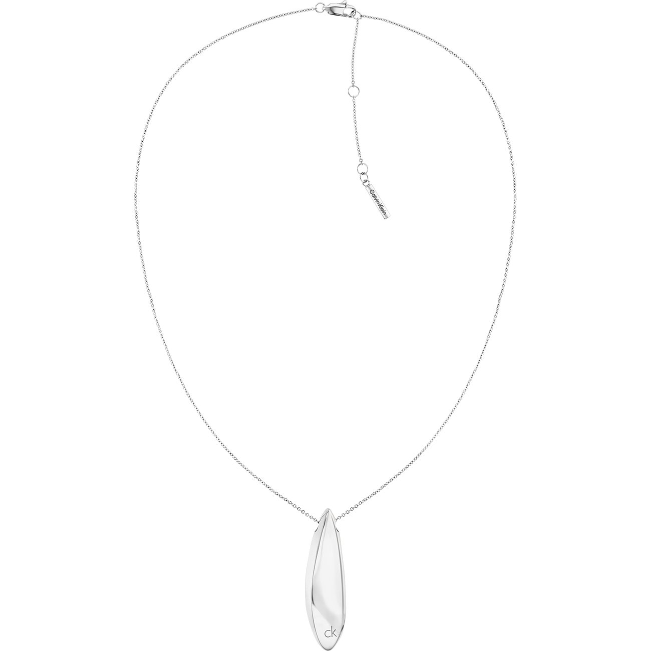 Calvin Klein roestvrijstalen halsketting met een elegante zilverkleurige, druppelvormige hanger.