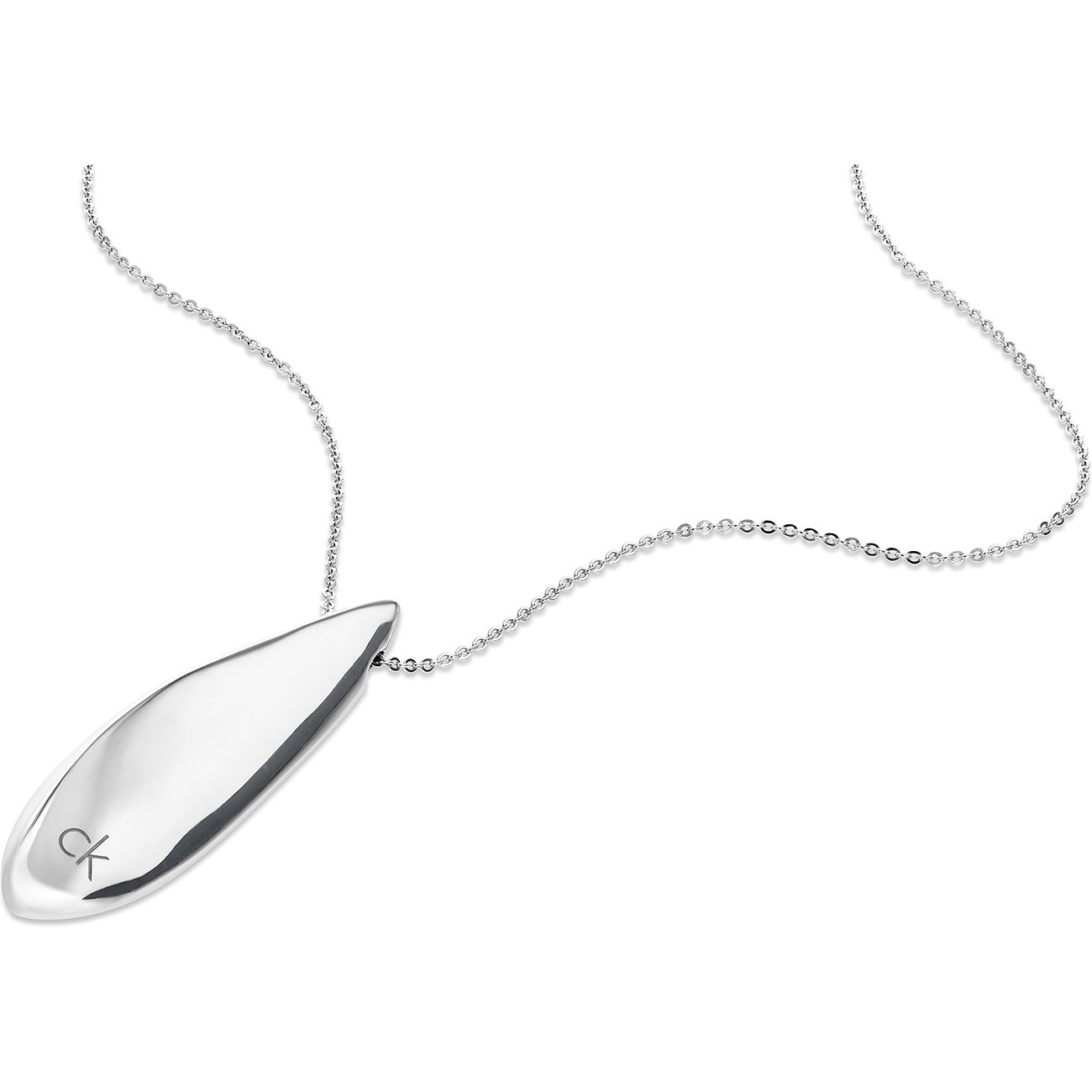 Calvin Klein roestvrijstalen halsketting met een glanzende, bladervormige hanger, met het CK-logo.