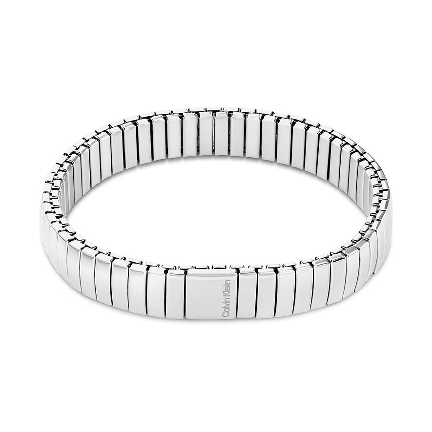 Armband von Calvin Klein aus poliertem Edelstahl mit Kettengliedern und dem Markennamen auf einem Glied.