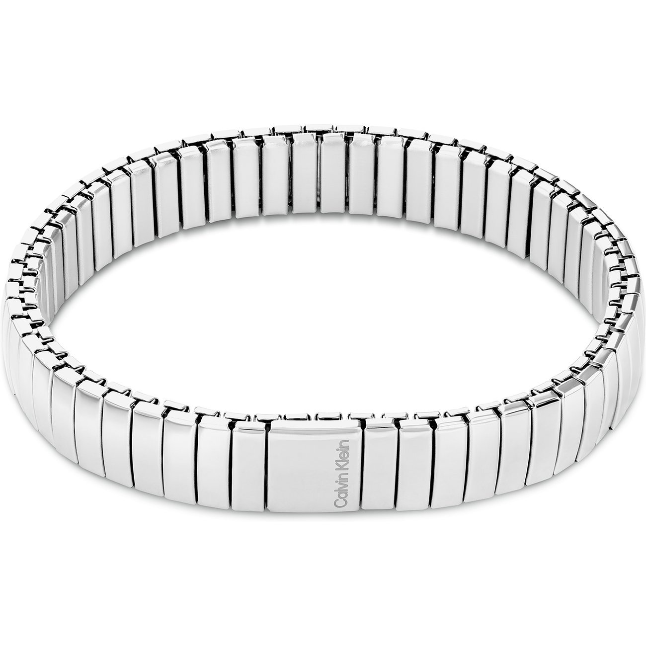 Armband von Calvin Klein aus poliertem Edelstahl mit Kettengliedern und dem Markennamen auf einem Glied.