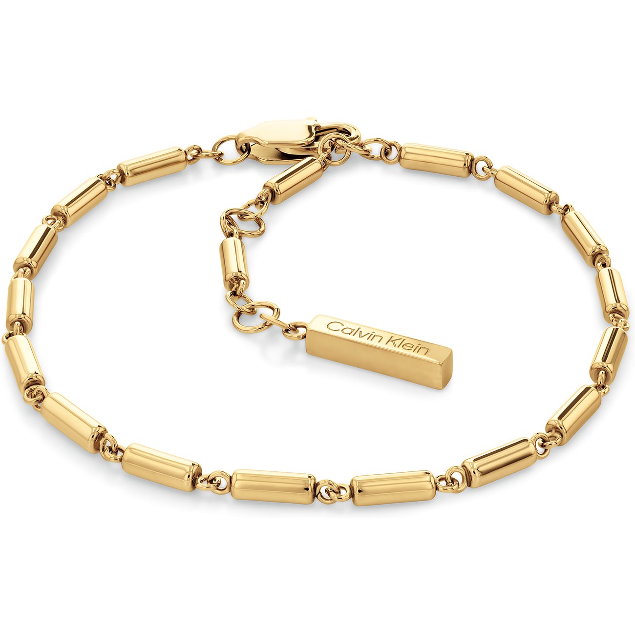 Calvin Klein Damen Armschmuck aus gelb vergoldetem Edelstahl mit zylindrischen Gliedern und Markenlogo-Plakette.