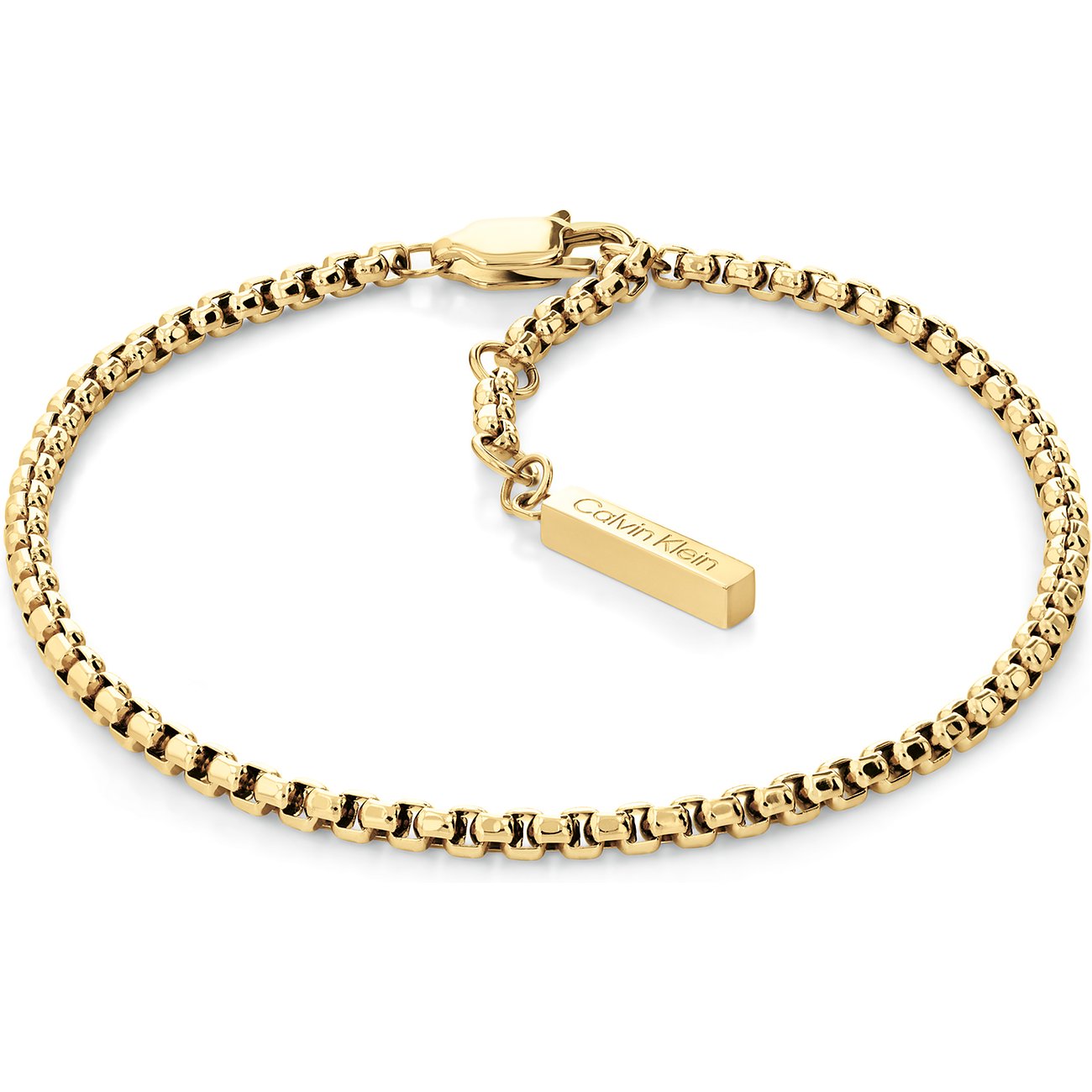 Calvin Klein Damen Armband aus glänzendem goldfarbenem Edelstahl mit feiner Gliederkette und gravierter Plakette.