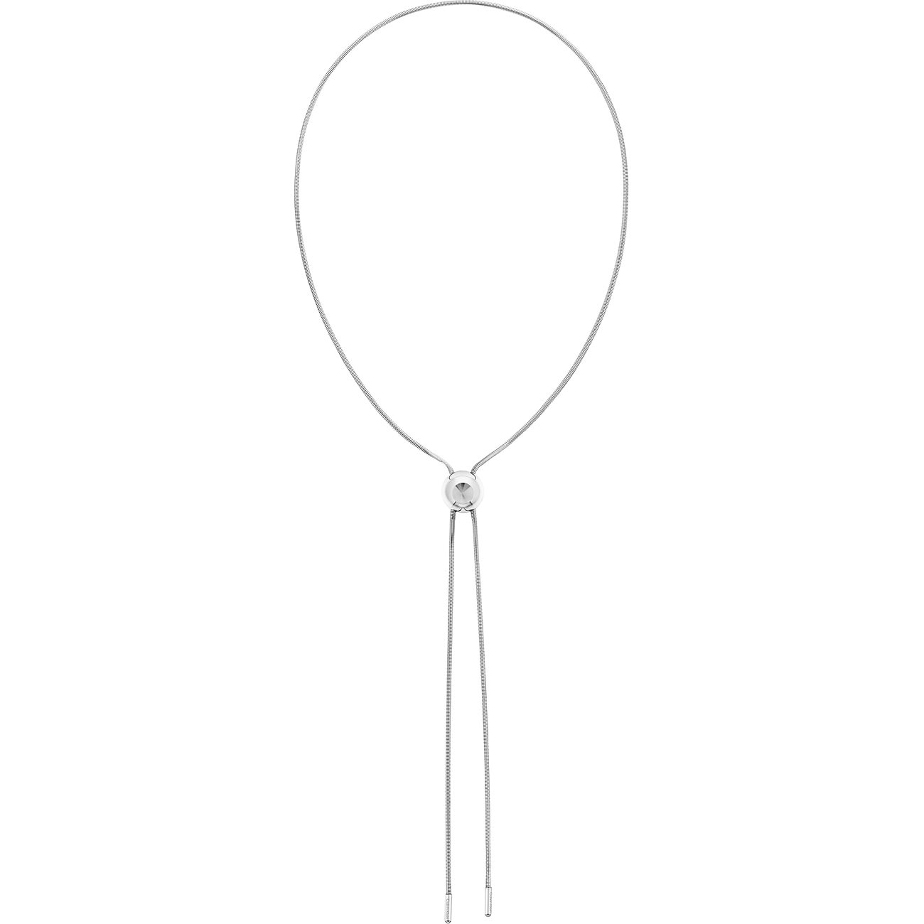 Calvin Klein Halsschmuck aus Edelstahl, frontal. Zarte, silberfarbene Kette mit ovalem Element und zwei symmetrischen Strängen.