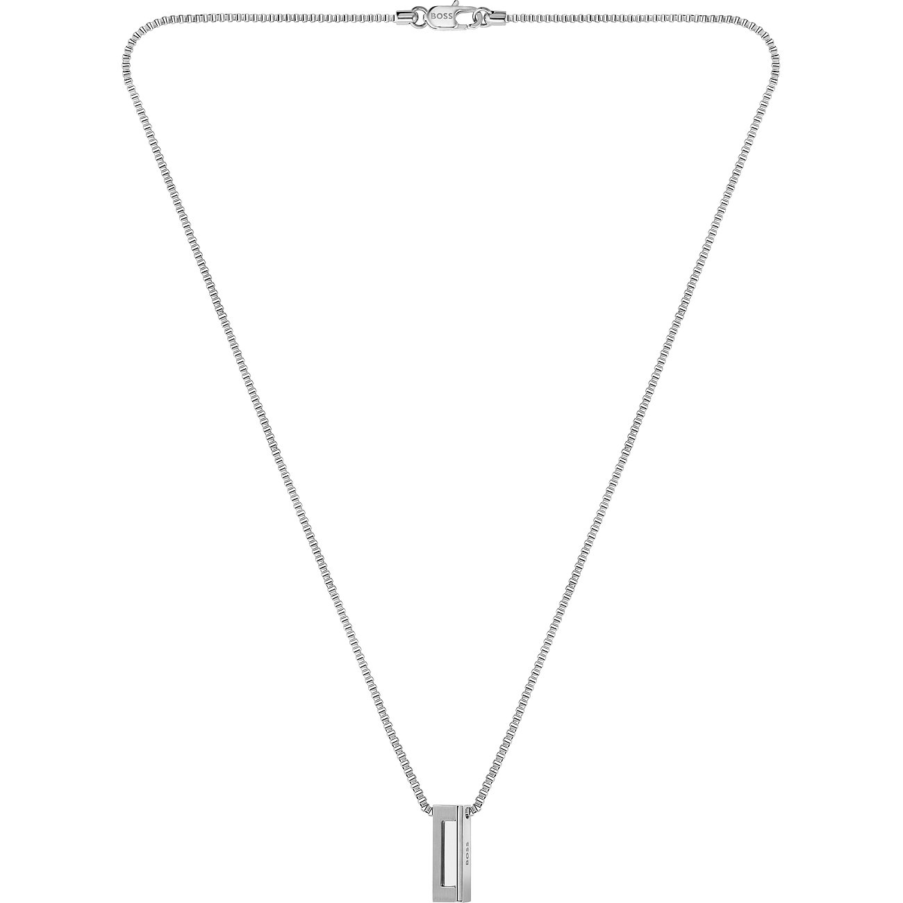 Boss Halsschmuck aus Edelstahl mit einem gravierten Verschluss und einem schlichten, rechteckigen Anhänger.