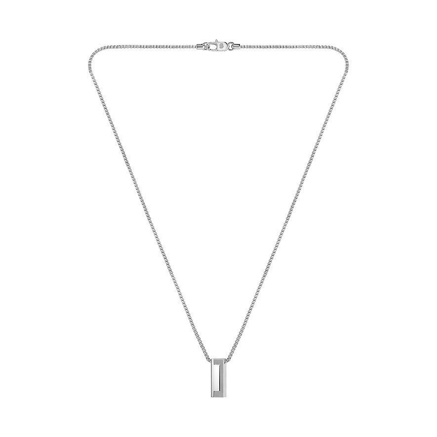 Boss Halsschmuck aus Edelstahl mit einem glänzenden, rechteckigen Anhänger über einem Hohlraum.