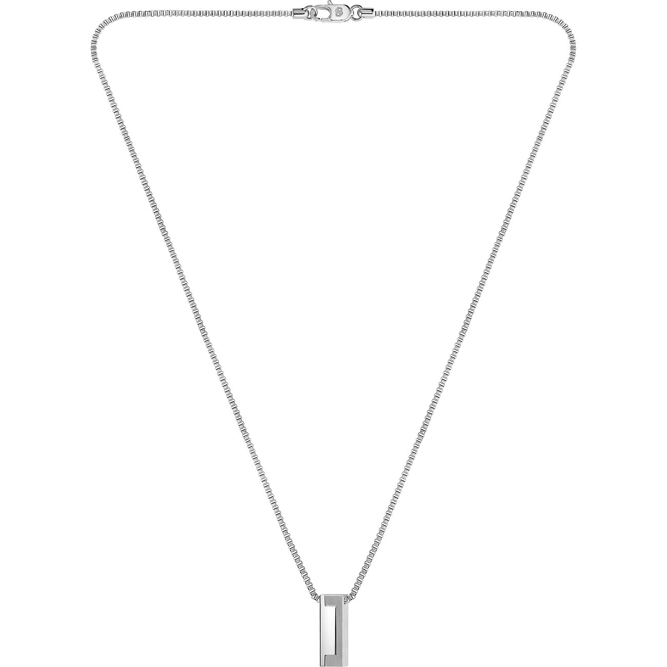 Boss Halsschmuck aus Edelstahl mit einem glänzenden, rechteckigen Anhänger über einem Hohlraum.