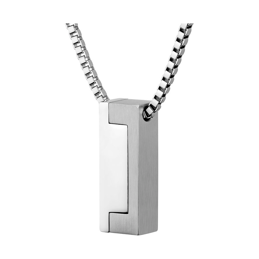 Boss Halskette aus poliertem und gebürstetem Edelstahl, mit einem länglichen Anhänger in zwei Oberflächen.