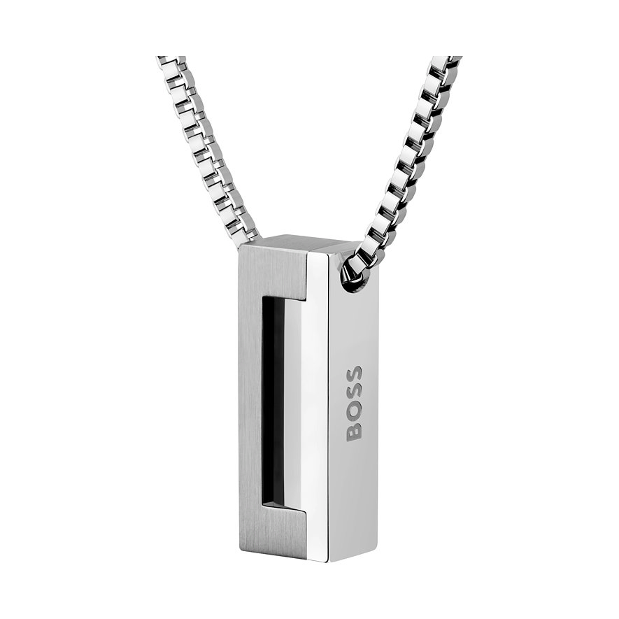 Boss Edelstahl-Halsschmuck: rechteckiger Anhänger mit schmaler Öffnung, vertikalem Boss-Logo, quadratischer Gliederkette.