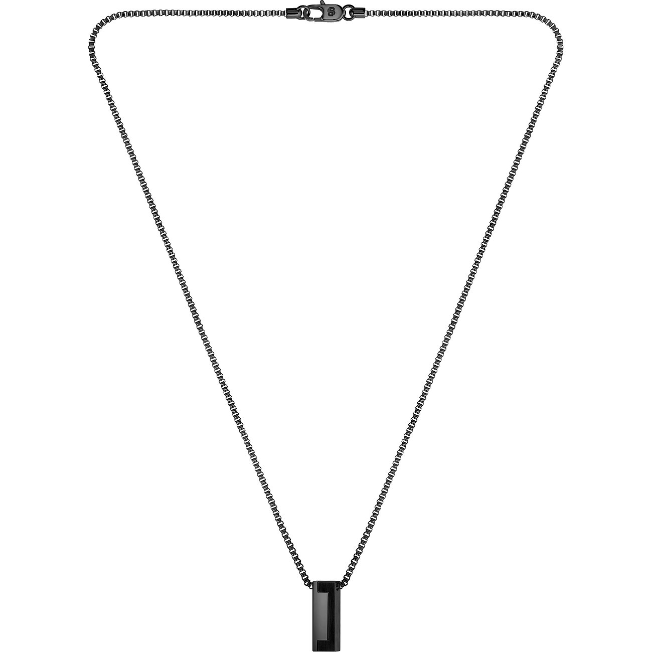Boss ketting van zwart roestvrij staal met een rechthoekige zwarte stenen hanger, centraal hangend.