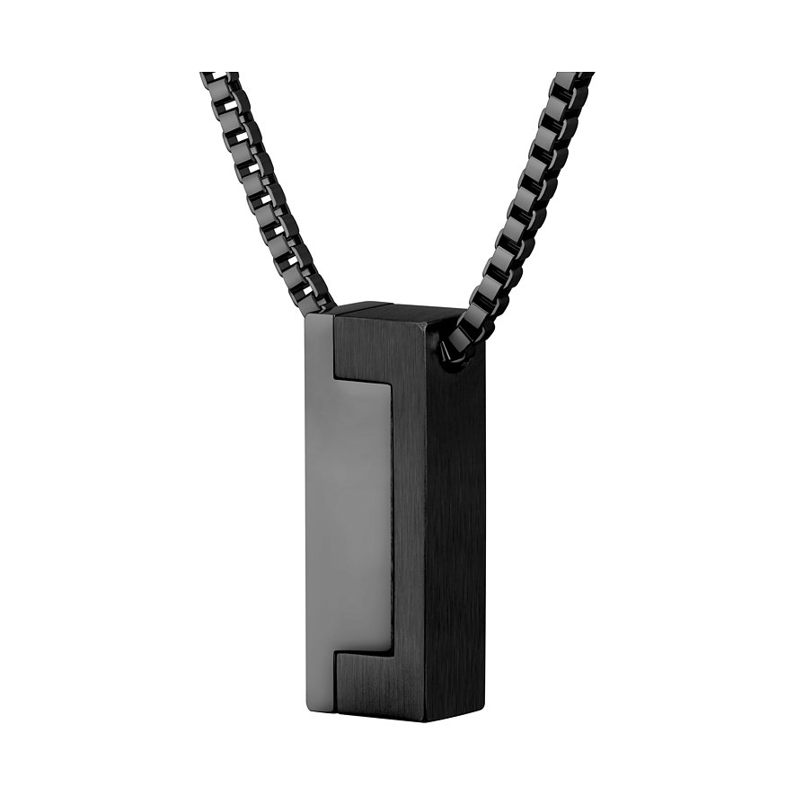 Boss ketting van zwart roestvrij staal met rechthoekige hanger en donkere, glanzende balk.