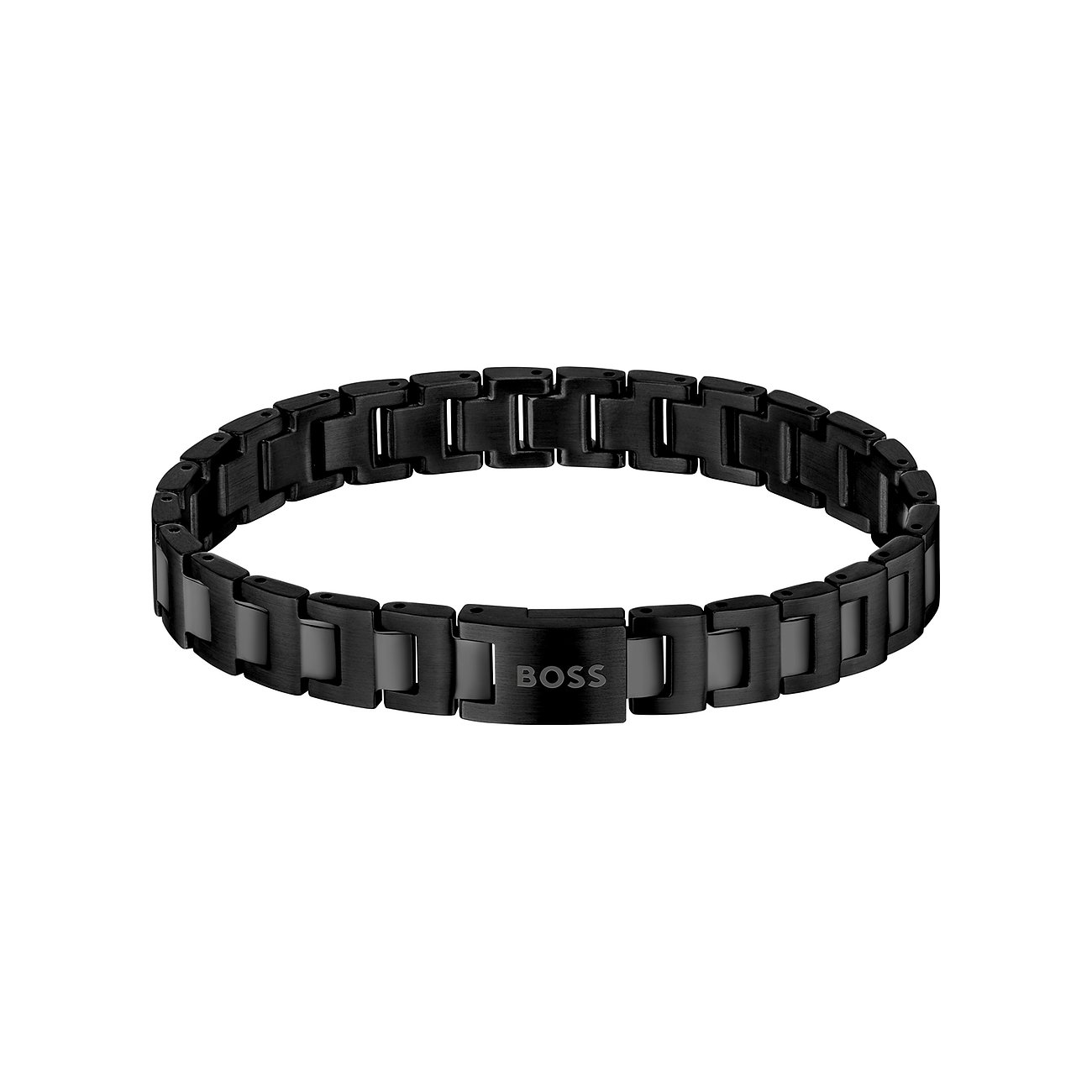 Boss Armband aus schwarzem Edelstahl mit graviertem Boss-Logo auf der Schließe.