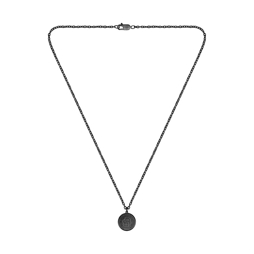 Een zwarte Boss roestvrijstalen ketting met een ronde hanger, gegraveerd met een 