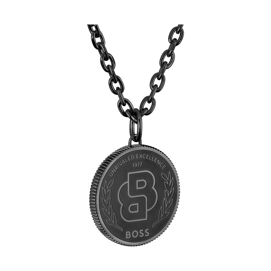 Een zwart BOSS herenhalssieraad van roestvrij staal met ronde hanger en B-logo.