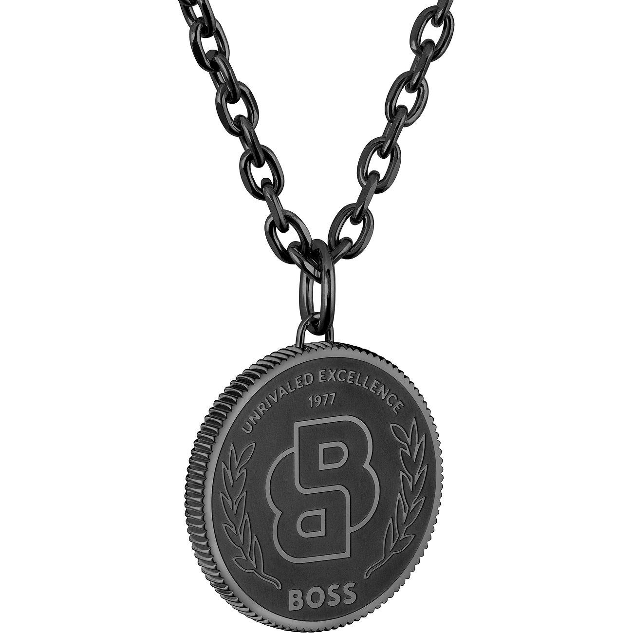 Een zwart BOSS herenhalssieraad van roestvrij staal met ronde hanger en B-logo.