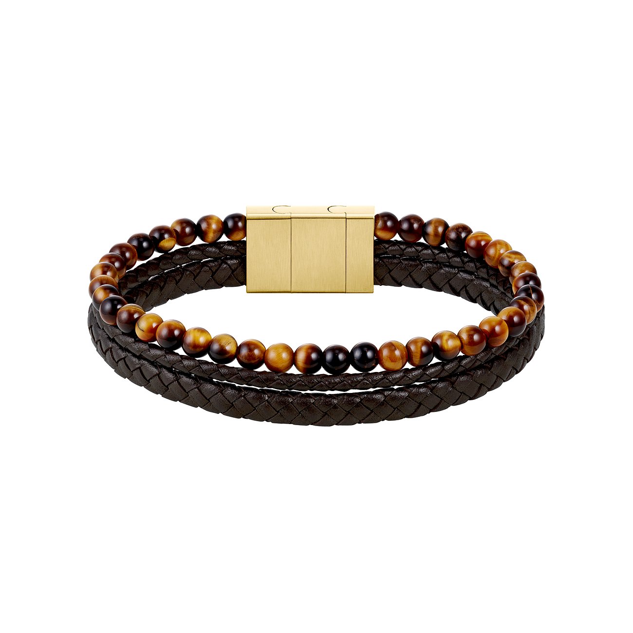 Boss armband van donker leer en goudbruine/zwarte edelsteenkralen met goudkleurige sluiting.
