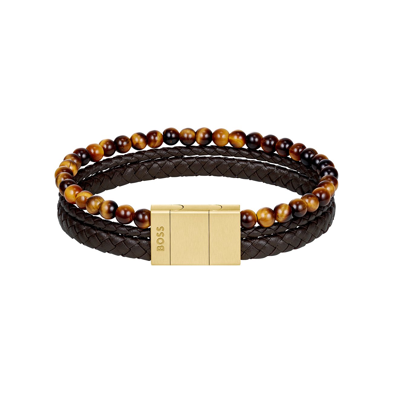 Boss armband van bruin gevlochten leer en tijgeroog kralen met een goudkleurige sluiting.