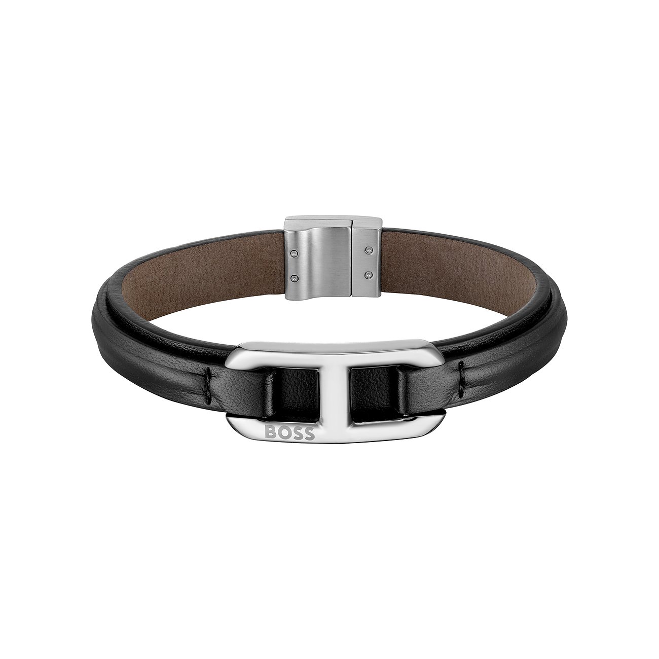Boss Armschmuck aus schwarzem Leder mit glänzendem, silberfarbenem Metallelement mit BOSS-Schriftzug.