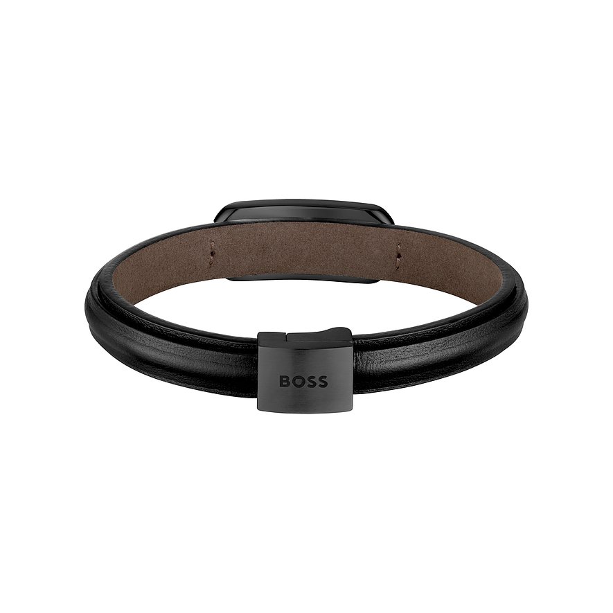 Boss herenarmband van zwart leer met glanzende metalen sluiting, van bovenaf gezien.