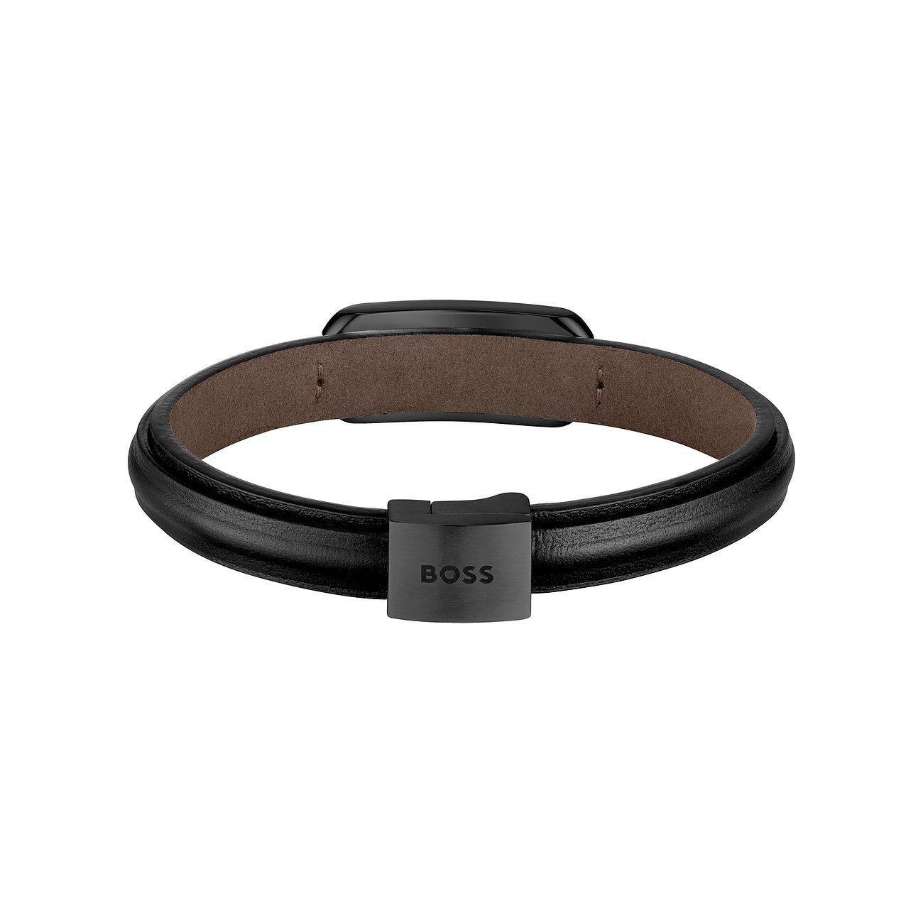 Boss herenarmband van zwart leer met glanzende metalen sluiting, van bovenaf gezien.