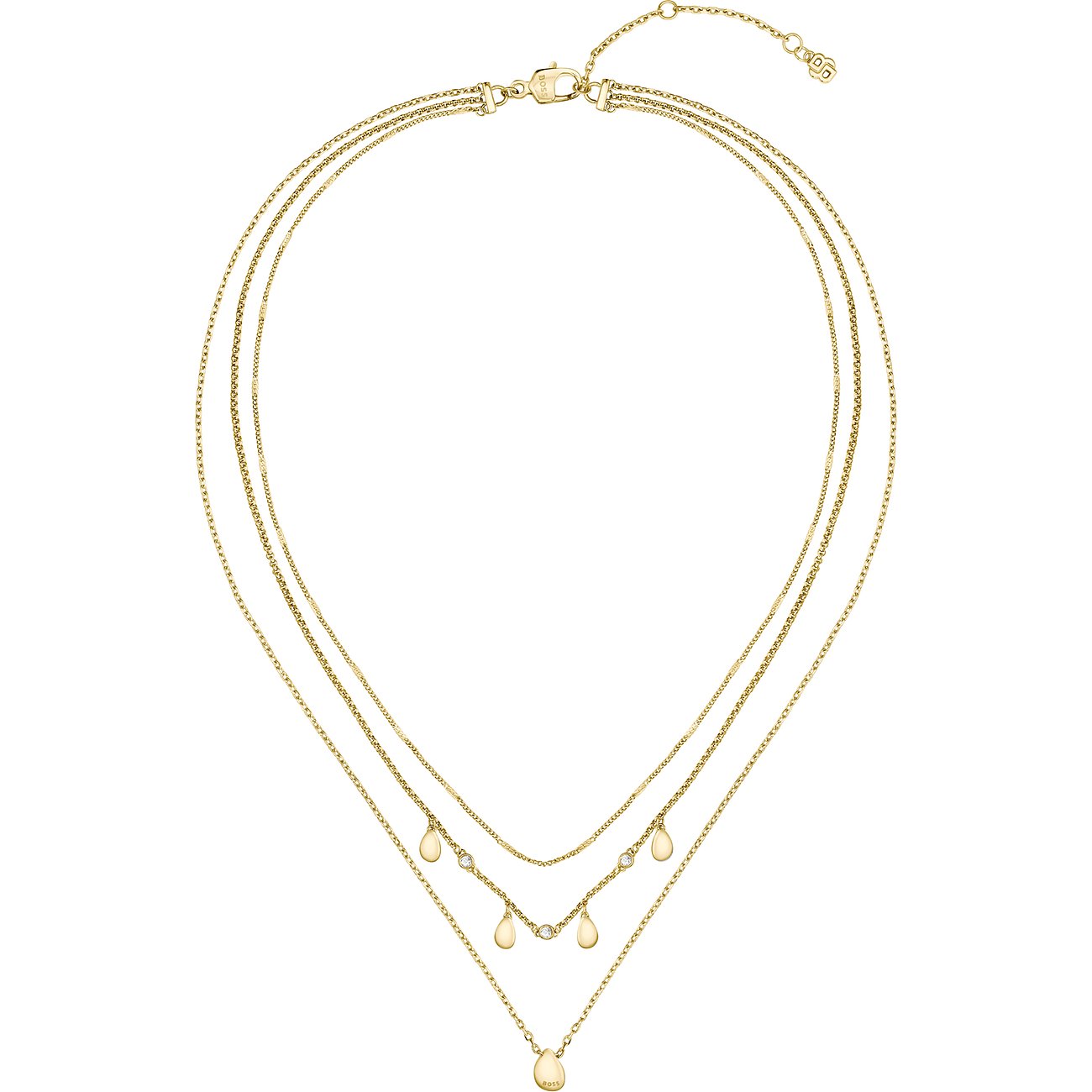 Boss gold-tone stainless steel necklace with three layers. Middle chain: five teardrop elements & small clear stones. Bottom chain: one teardrop.