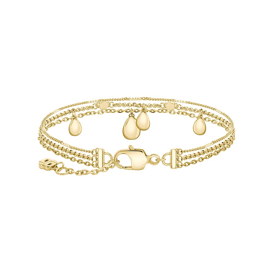 Boss Wickelarmband aus Edelstahl in Gold mit tropfenförmigen Anhängern auf weißem Hintergrund.