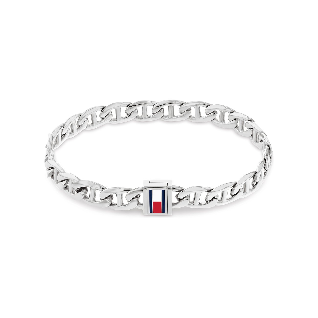 Tommy Hilfiger Armband aus Edelstahl mit silberner Ankerkette und einem Verschluss mit rotem, weißem und blauem Emblem.