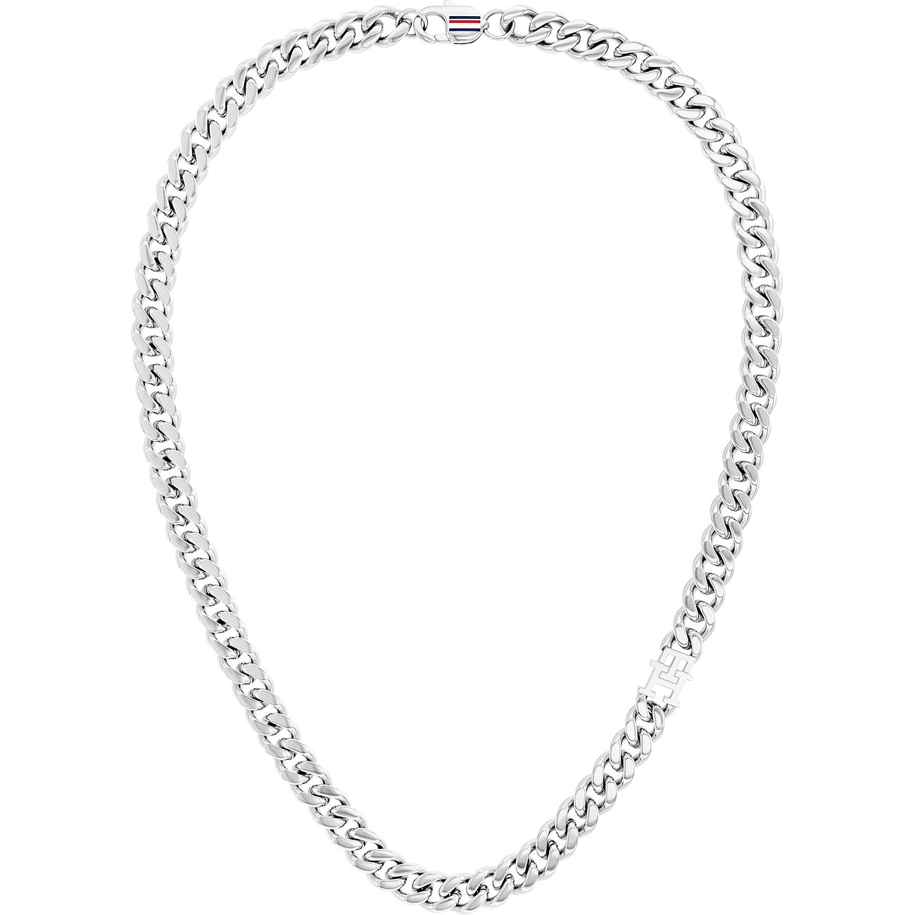 Tommy Hilfiger Halskette aus glänzendem Edelstahl mit Panzerketten-Gliedern und einem kleinen Tommy Hilfiger Logo.