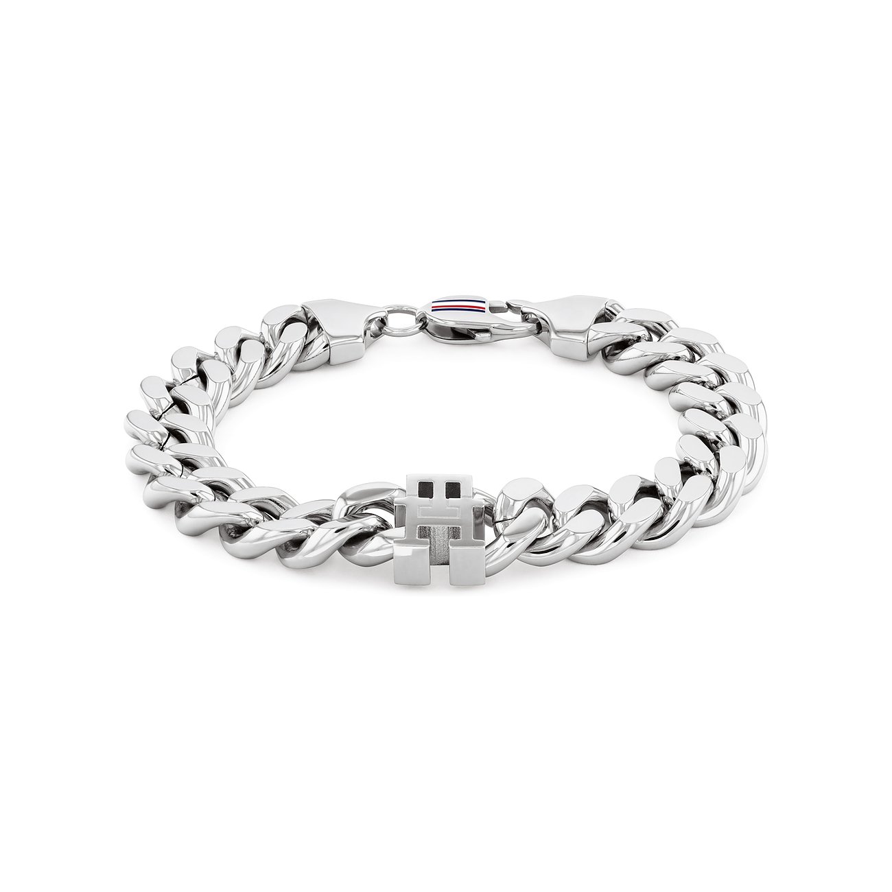 Een Tommy Hilfiger roestvrijstalen armband, een zilverkleurige schakelketting met een centraal H-vormig element.