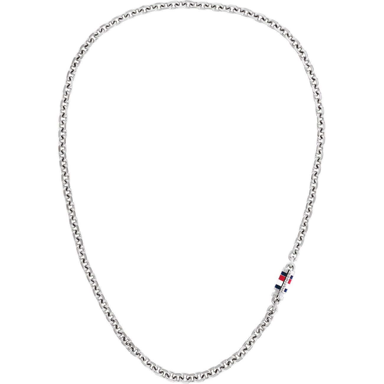 Tommy Hilfiger Halskette aus Edelstahl in schlichtem Design, geschlossen mit einem Verschlussdetail in den Markenfarben.
