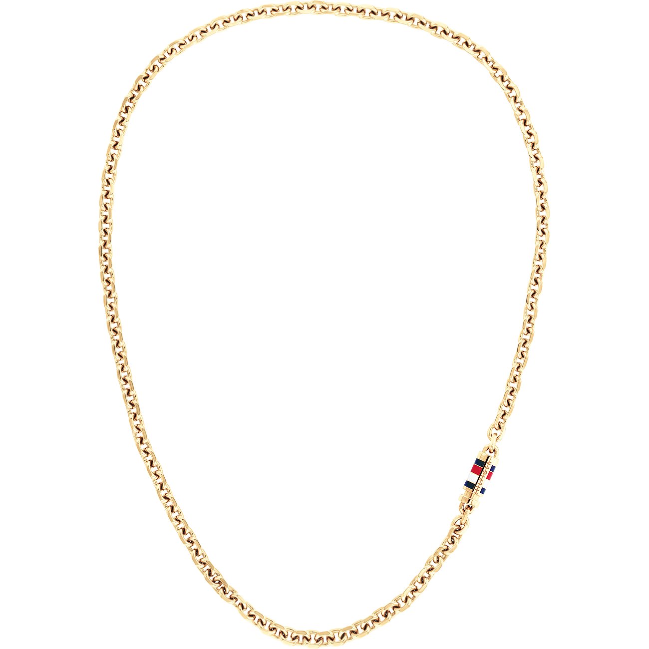 Eine goldfarbene Tommy Hilfiger Halskette aus Edelstahl, mit feingliedriger Kette und kleinem Streifen-Detail.