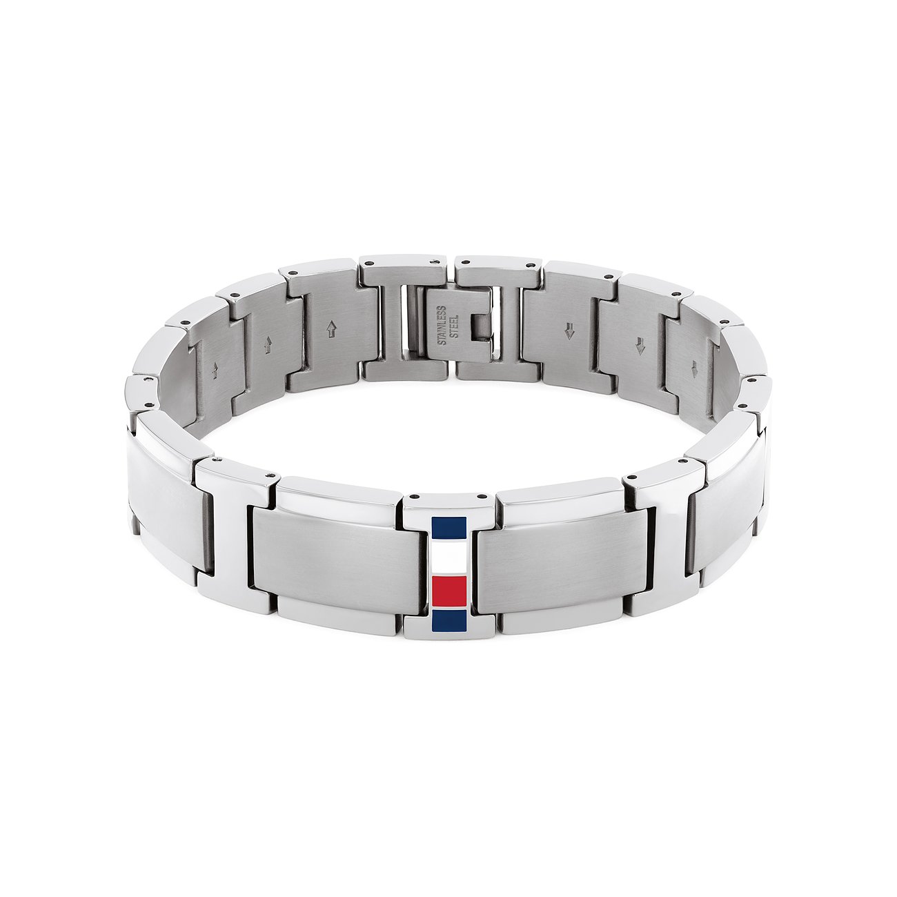 Tommy Hilfiger Herren-Armband aus gebürstetem Edelstahl mit integrierter rot, weiß und blau gestreifter Einlage.